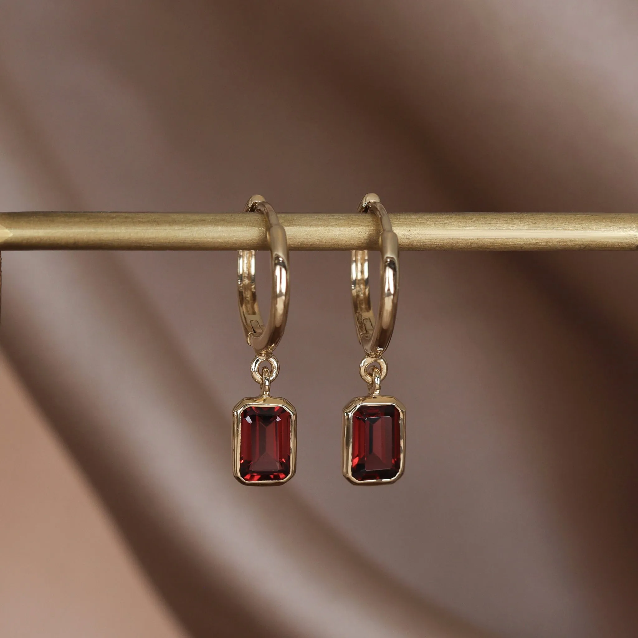 Nora • Emerald Cut Genuine Topaz Hoop Earrings Garnet