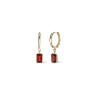 Nora • Emerald Cut Genuine Topaz Hoop Earrings Garnet