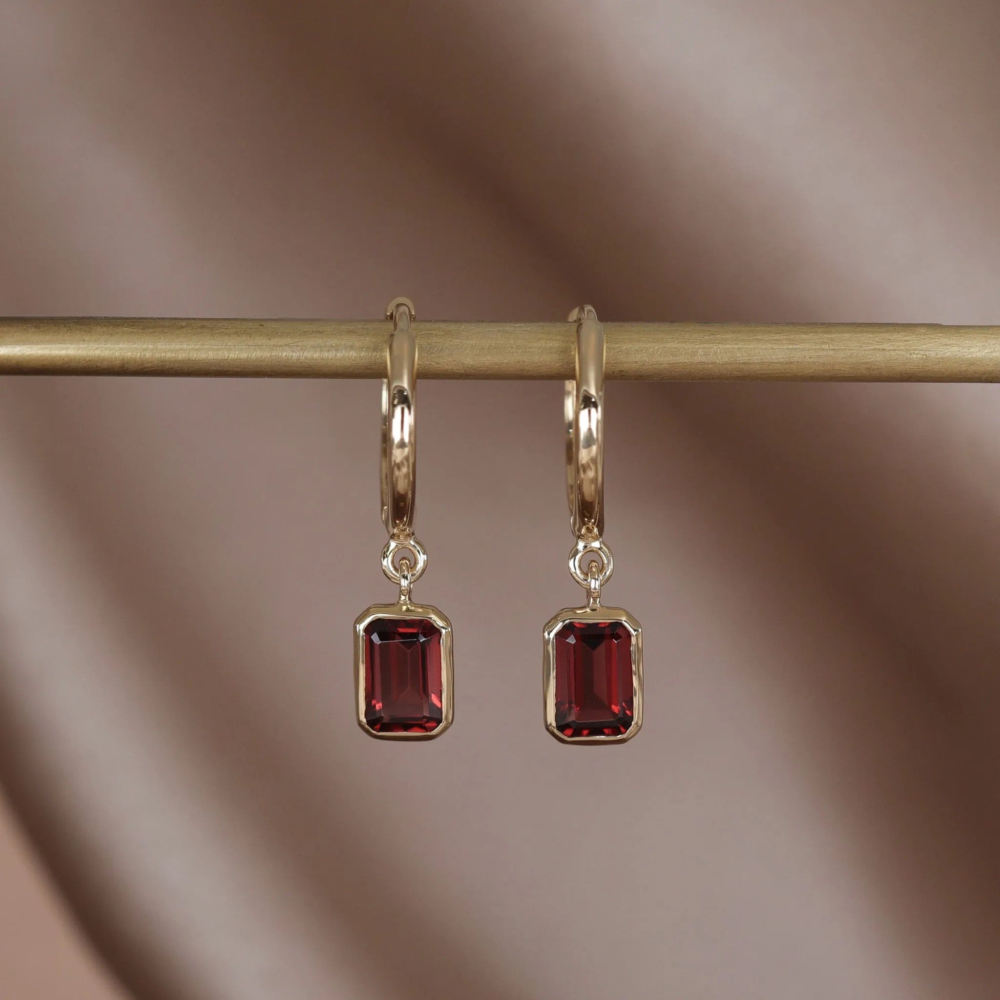 Nora • Emerald Cut Genuine Topaz Hoop Earrings Garnet