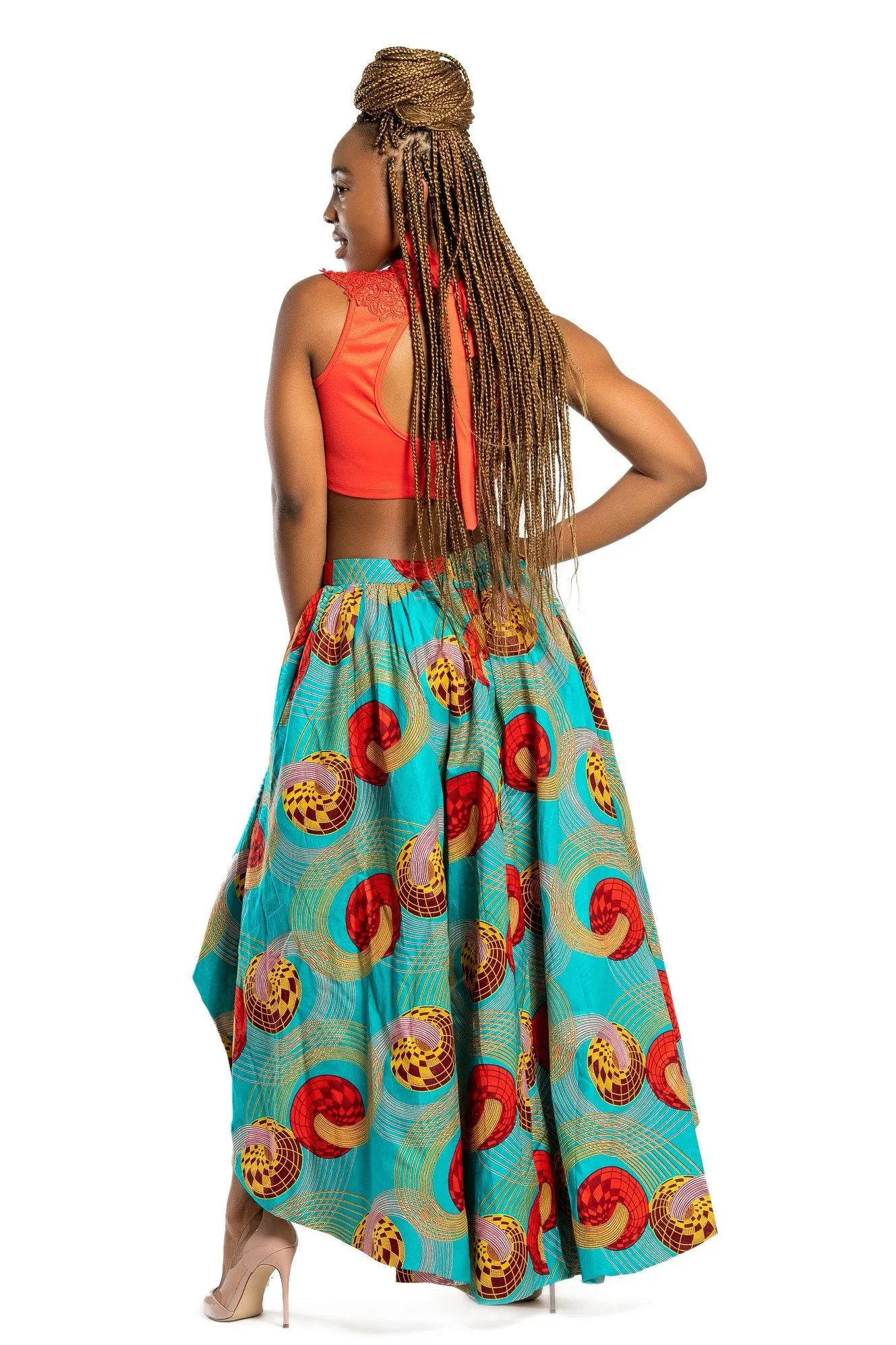 Ode African Print Hi Lo Skirt (Green/ Red)