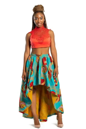 Ode African Print Hi Lo Skirt (Green/ Red)