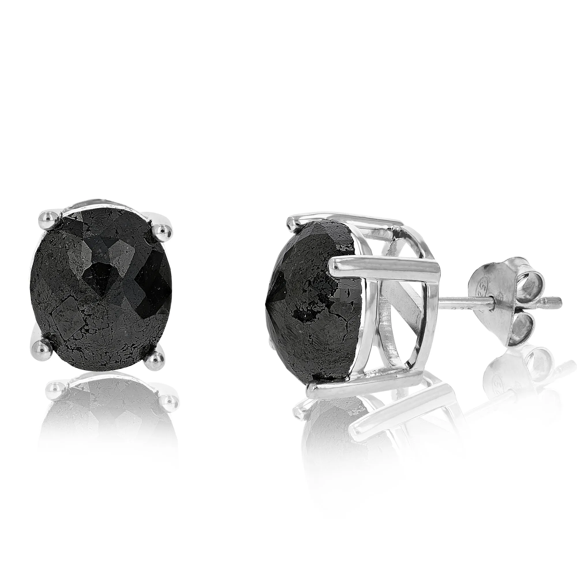 Oval Black Diamond Stud Earrings in Sterling Silver