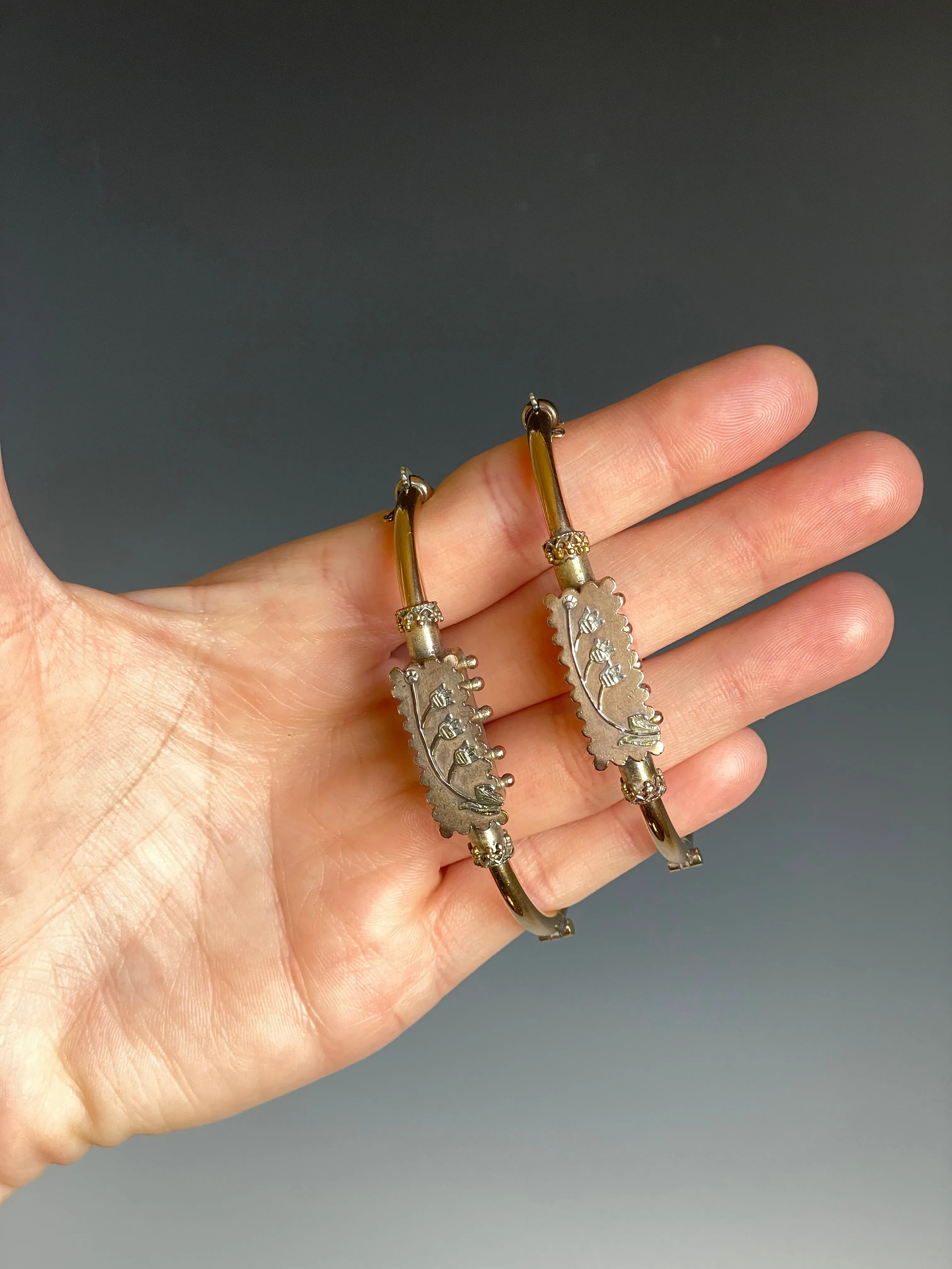 Pair Antique Etruscan Rose Gold Wedding Bangles, Lily of the Valley