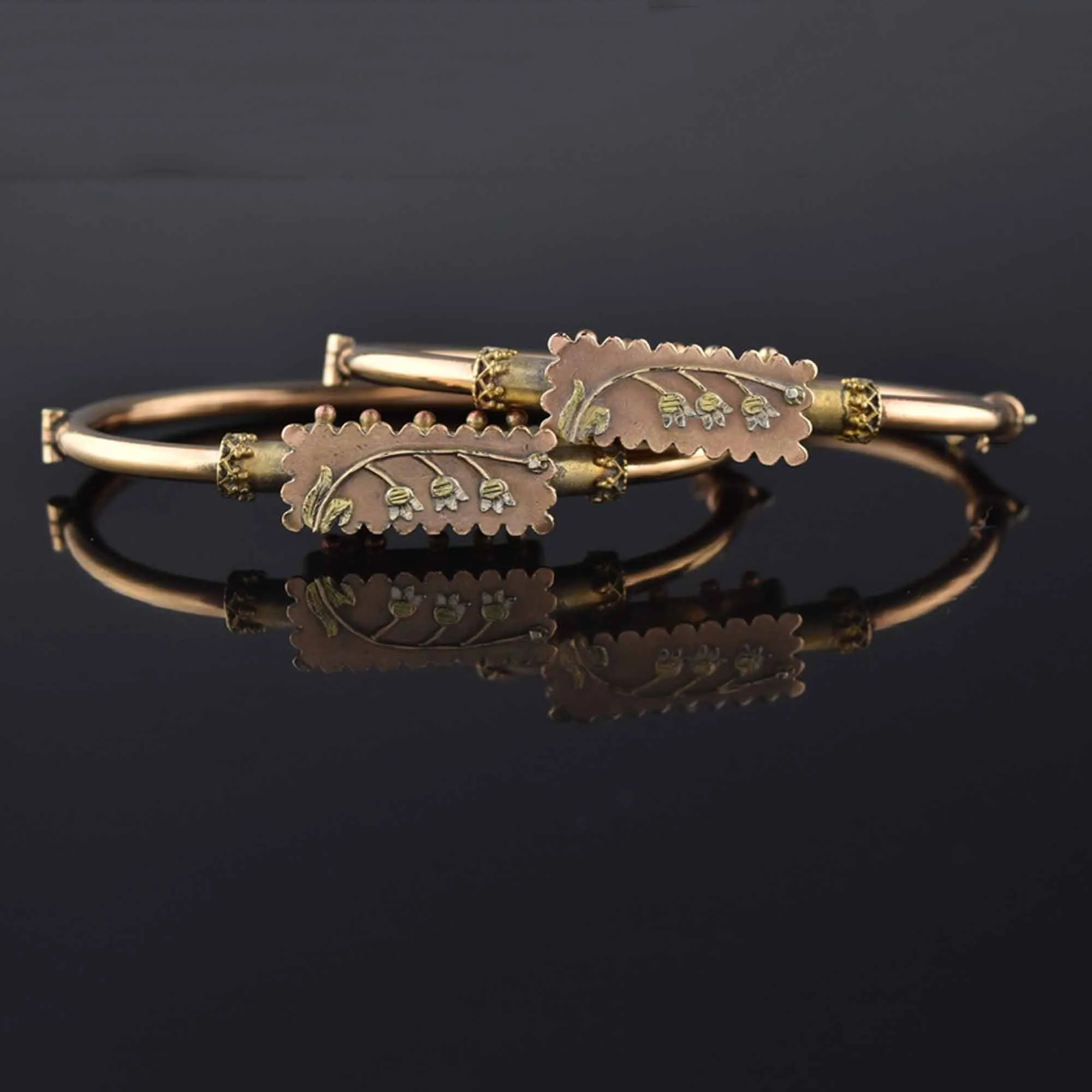 Pair Antique Etruscan Rose Gold Wedding Bangles, Lily of the Valley