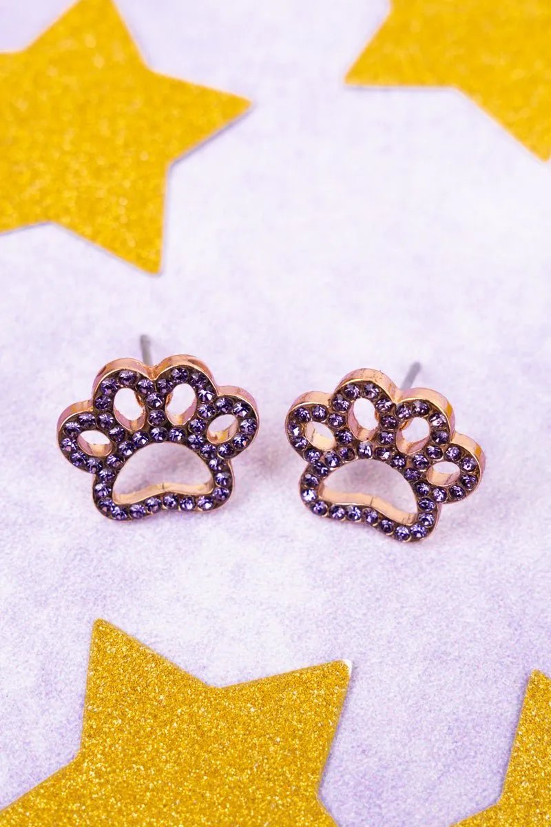 Pave Purple Crystal Goldtone Paw Print Earrings