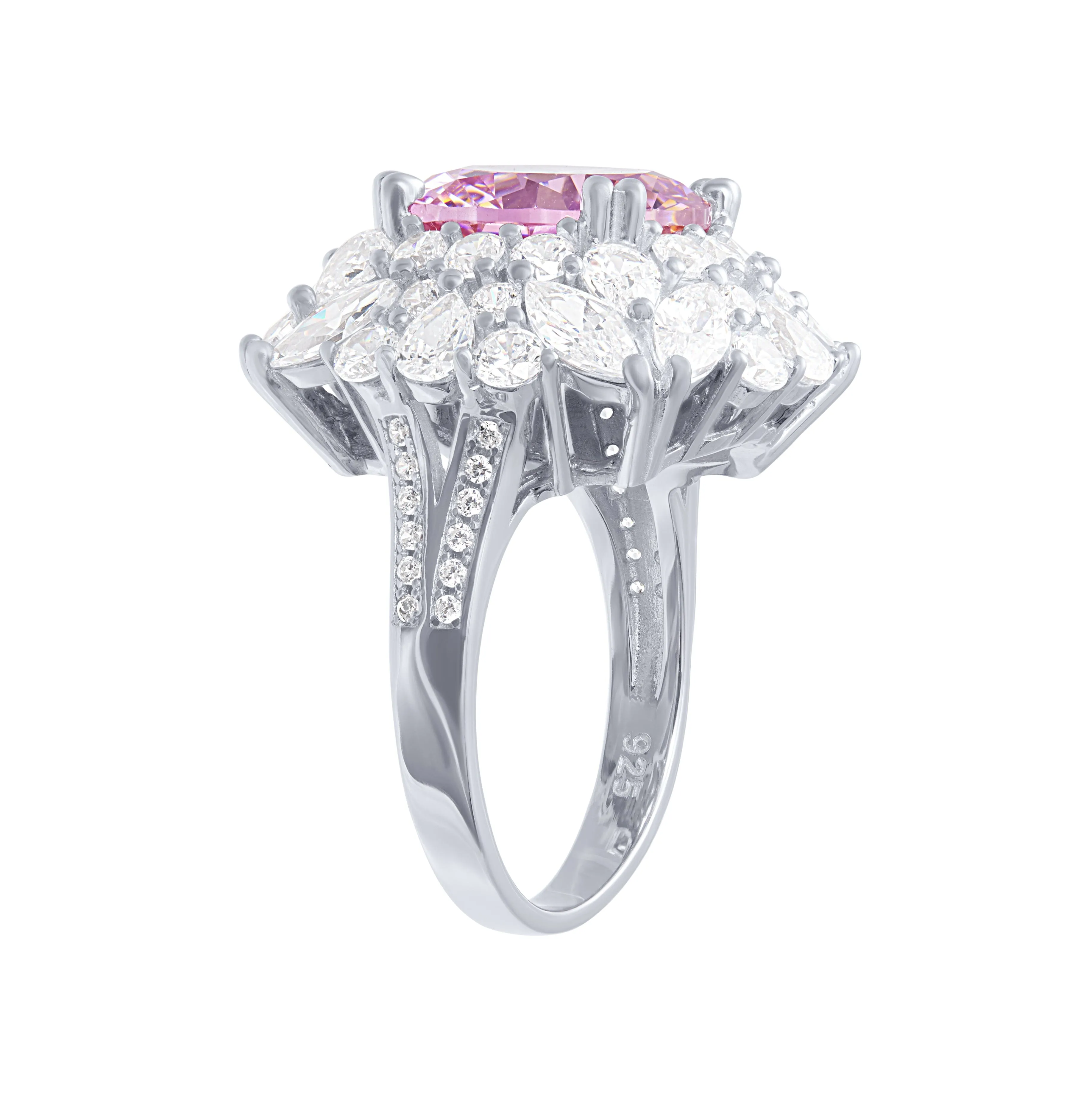 Pink Halo Ring with Cubic Zirconia in Sterling Silver