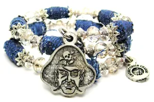 Pirate Face Mascot Blue Jean Beaded Wrap Bracelet