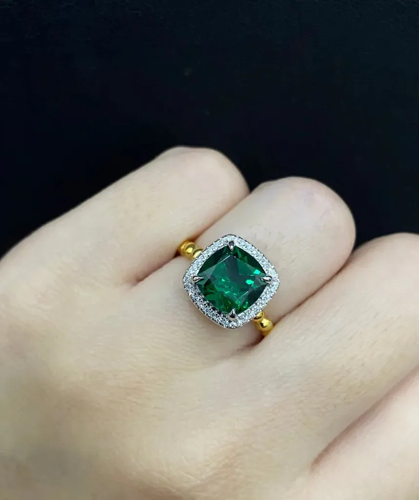 PREORDER | Multi-Tone Cushion Green Emerald Gemstones Diamond Ring 14kt