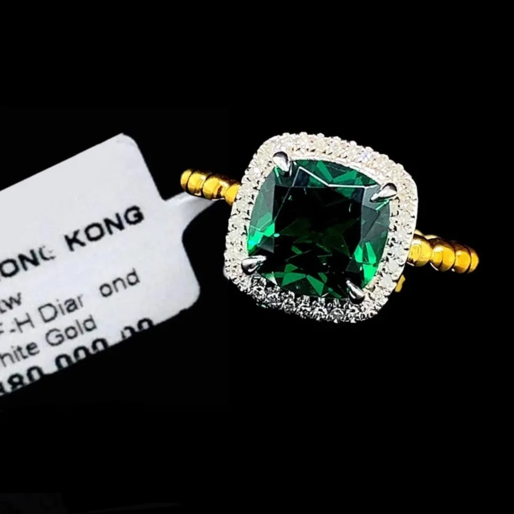 PREORDER | Multi-Tone Cushion Green Emerald Gemstones Diamond Ring 14kt