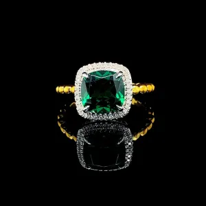 PREORDER | Multi-Tone Cushion Green Emerald Gemstones Diamond Ring 14kt