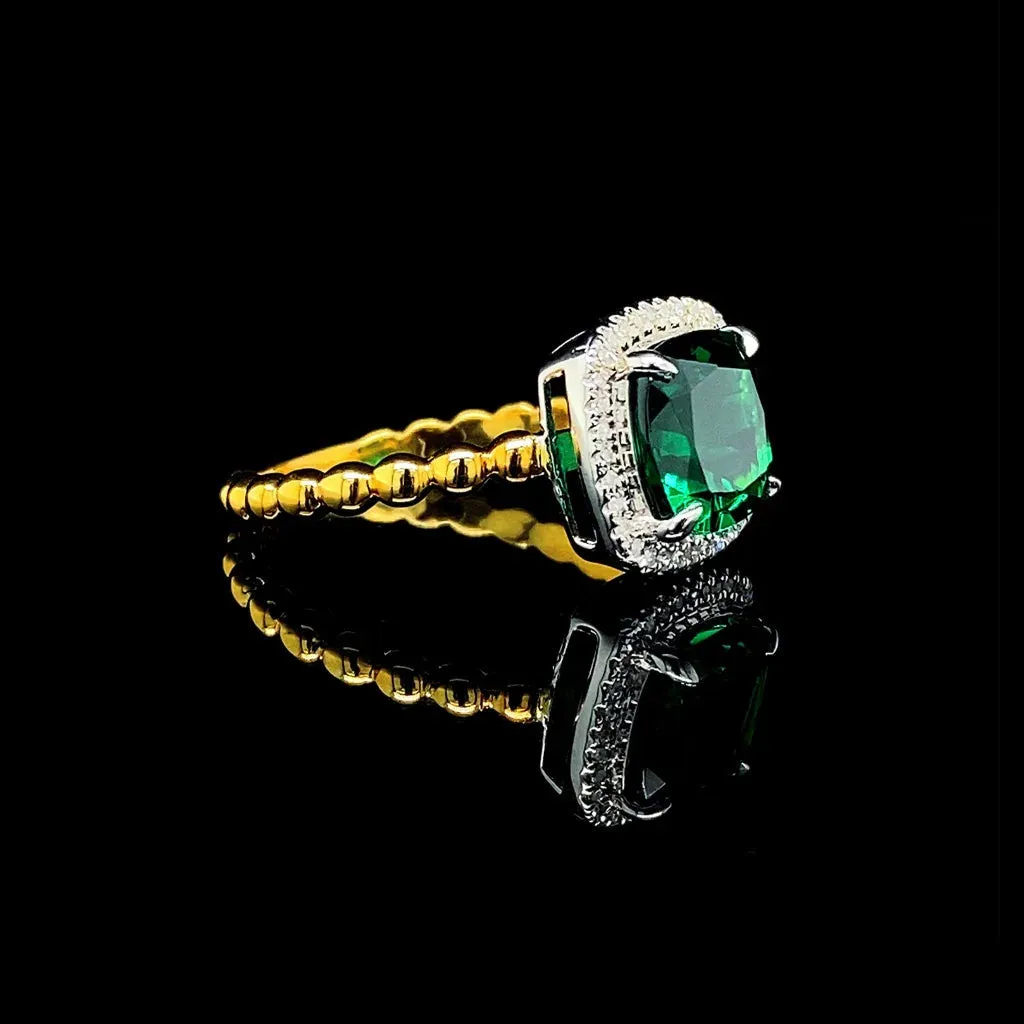 PREORDER | Multi-Tone Cushion Green Emerald Gemstones Diamond Ring 14kt