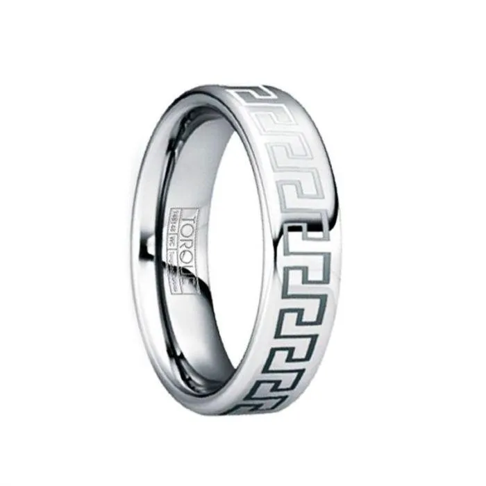 QUINTILIANUS Engraved Greek Key Tungsten Ring with Polished Finish - 6mm