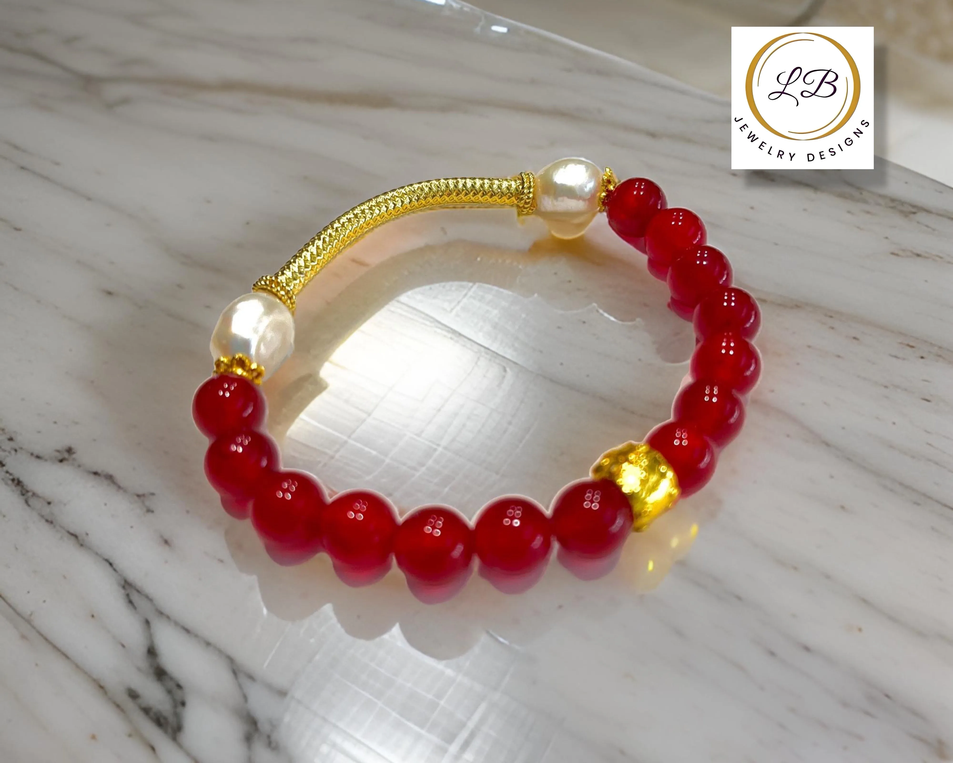 Red Aventurine & Pearl Gemstone Gold Bali Beaded Bracelet