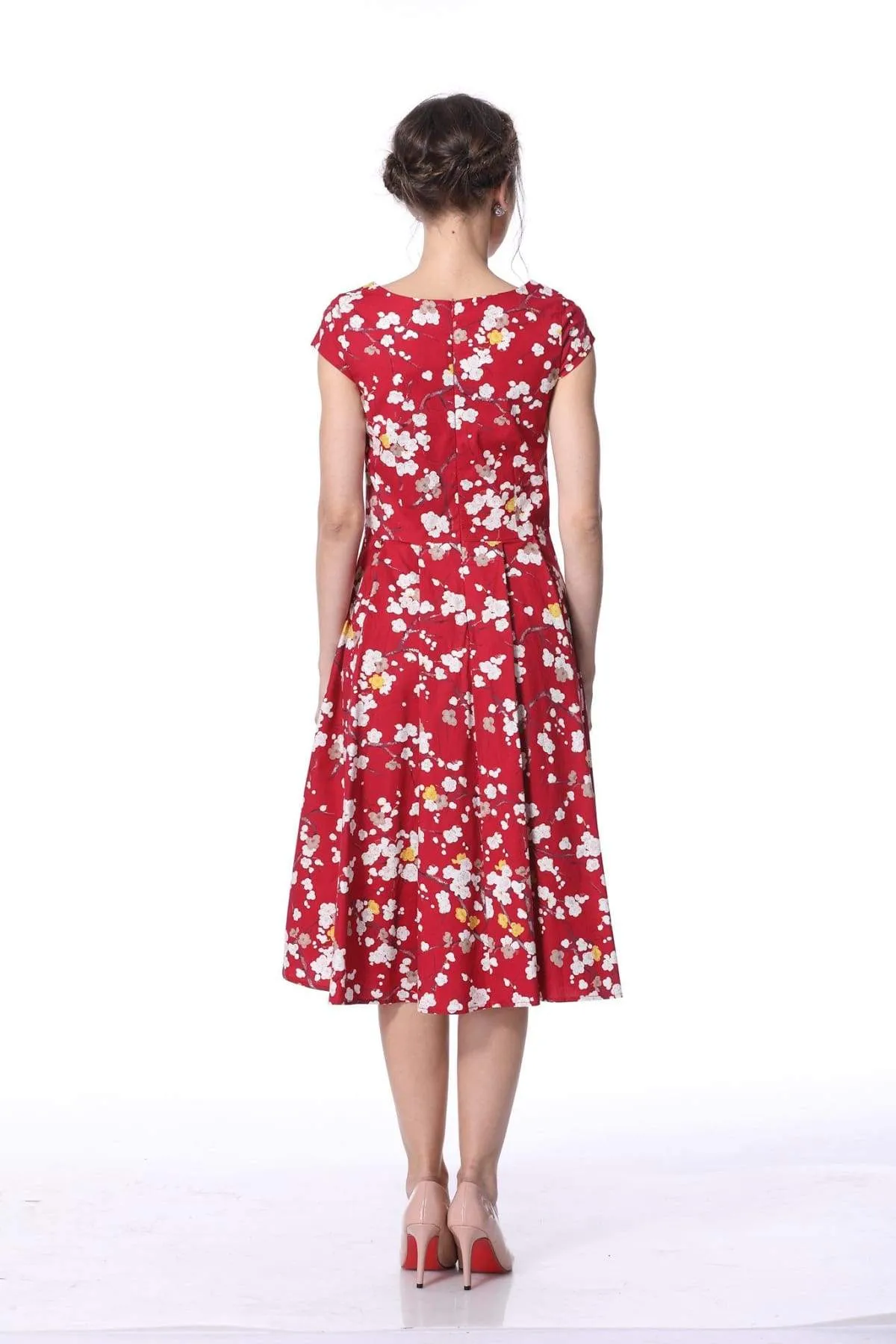 Red Blossom V Neck Vintage Dress