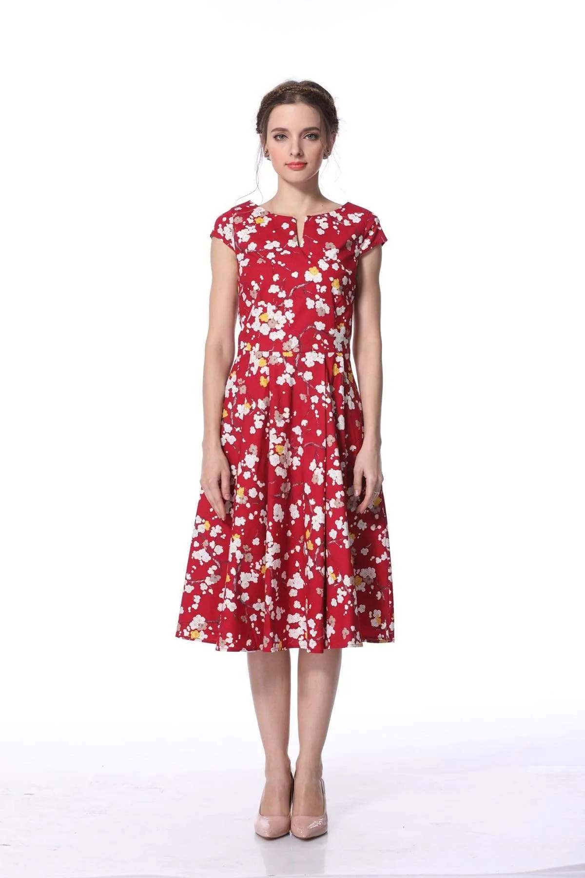 Red Blossom V Neck Vintage Dress