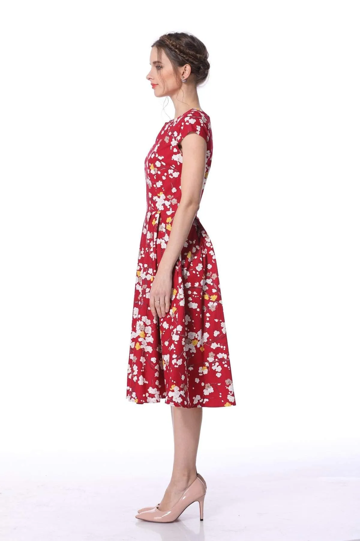 Red Blossom V Neck Vintage Dress