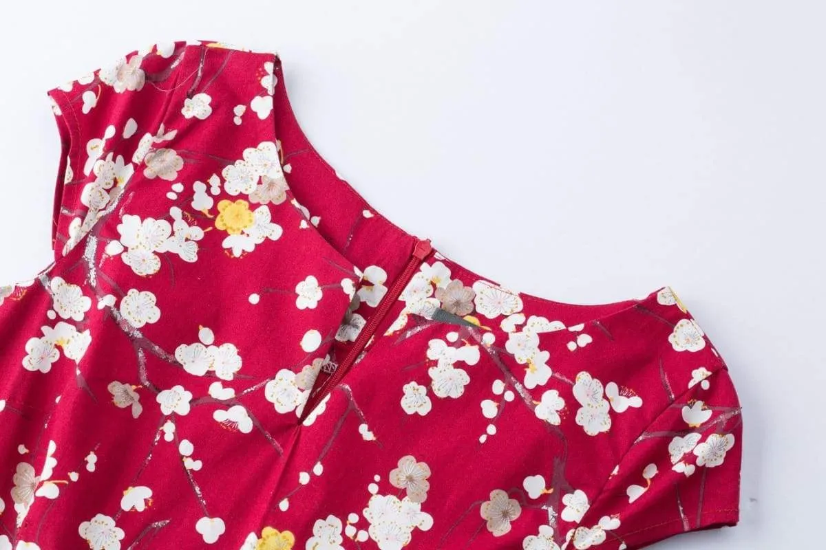 Red Blossom V Neck Vintage Dress