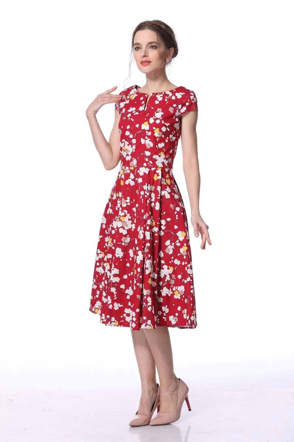 Red Blossom V Neck Vintage Dress