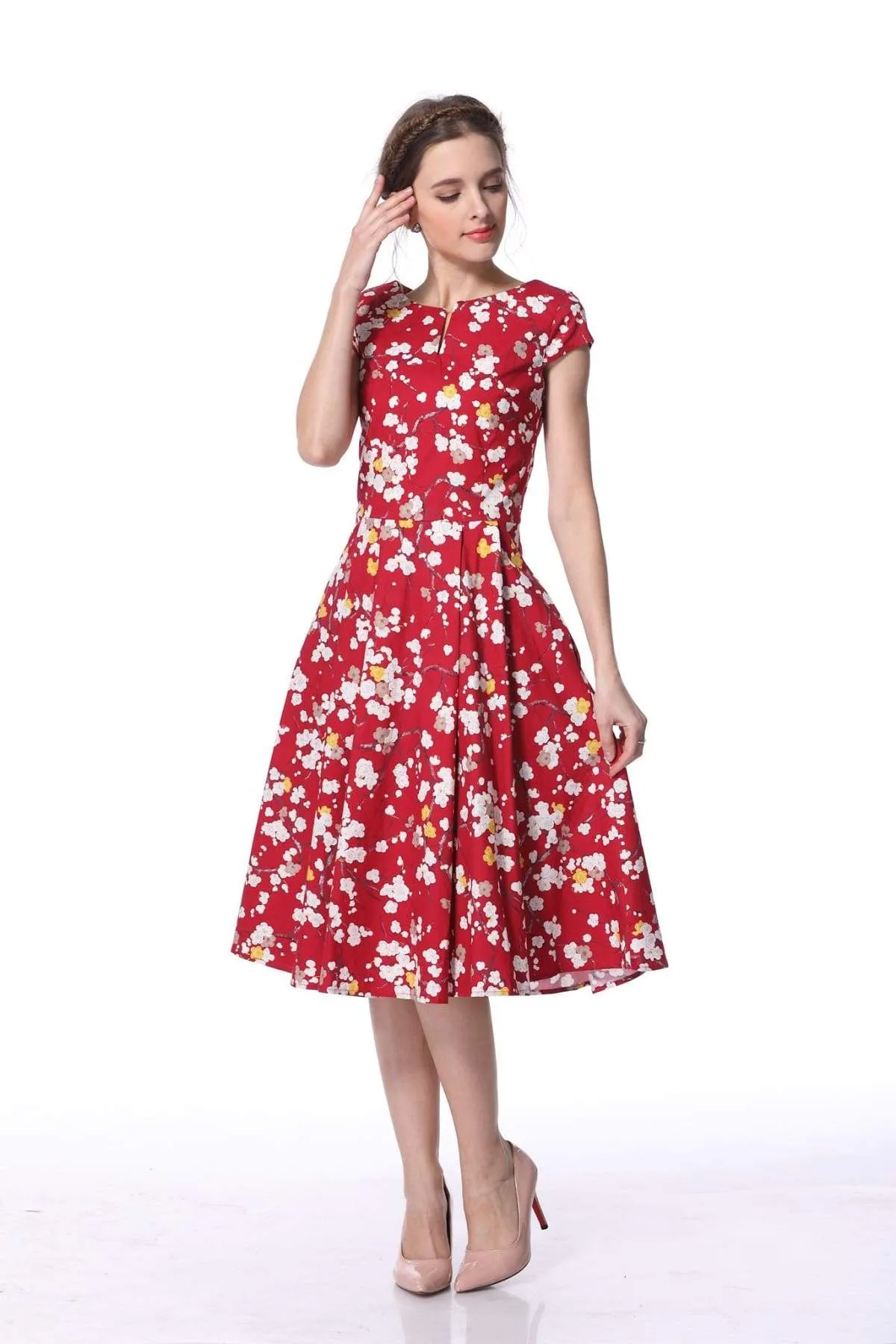 Red Blossom V Neck Vintage Dress