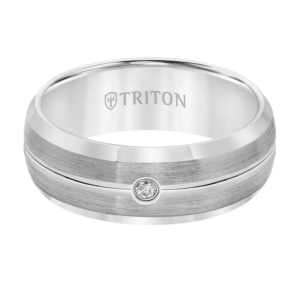 RILEY  Satin Finished Tungsten Carbide Wedding Band with Polished Bevels, Center Groove, and Solitaire Diamond Setting by Triton Rings - 8 mm