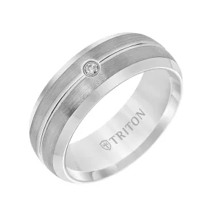 RILEY  Satin Finished Tungsten Carbide Wedding Band with Polished Bevels, Center Groove, and Solitaire Diamond Setting by Triton Rings - 8 mm