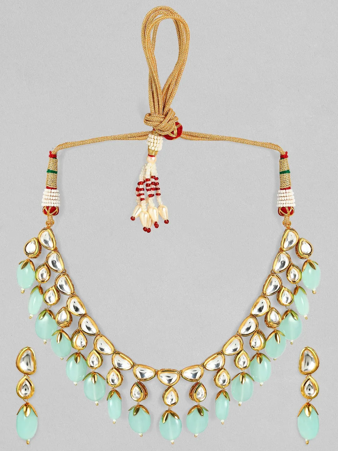 Rubans Luxury 24K Gold Plated Handcrafted Pachi Kundan & Green Beads Necklace Set