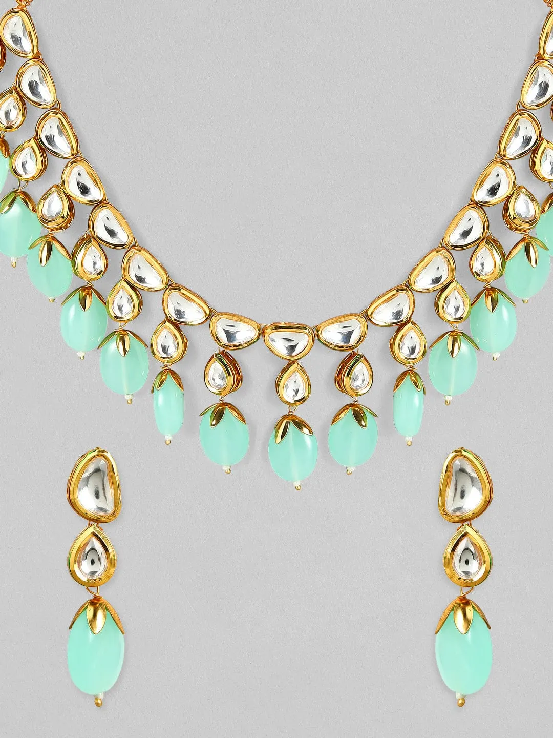 Rubans Luxury 24K Gold Plated Handcrafted Pachi Kundan & Green Beads Necklace Set