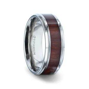 SEQUOIA Redwood Inlaid Titanium Flat Polished Finish Men's Wedding Ring With Beveled Edges - 8mm