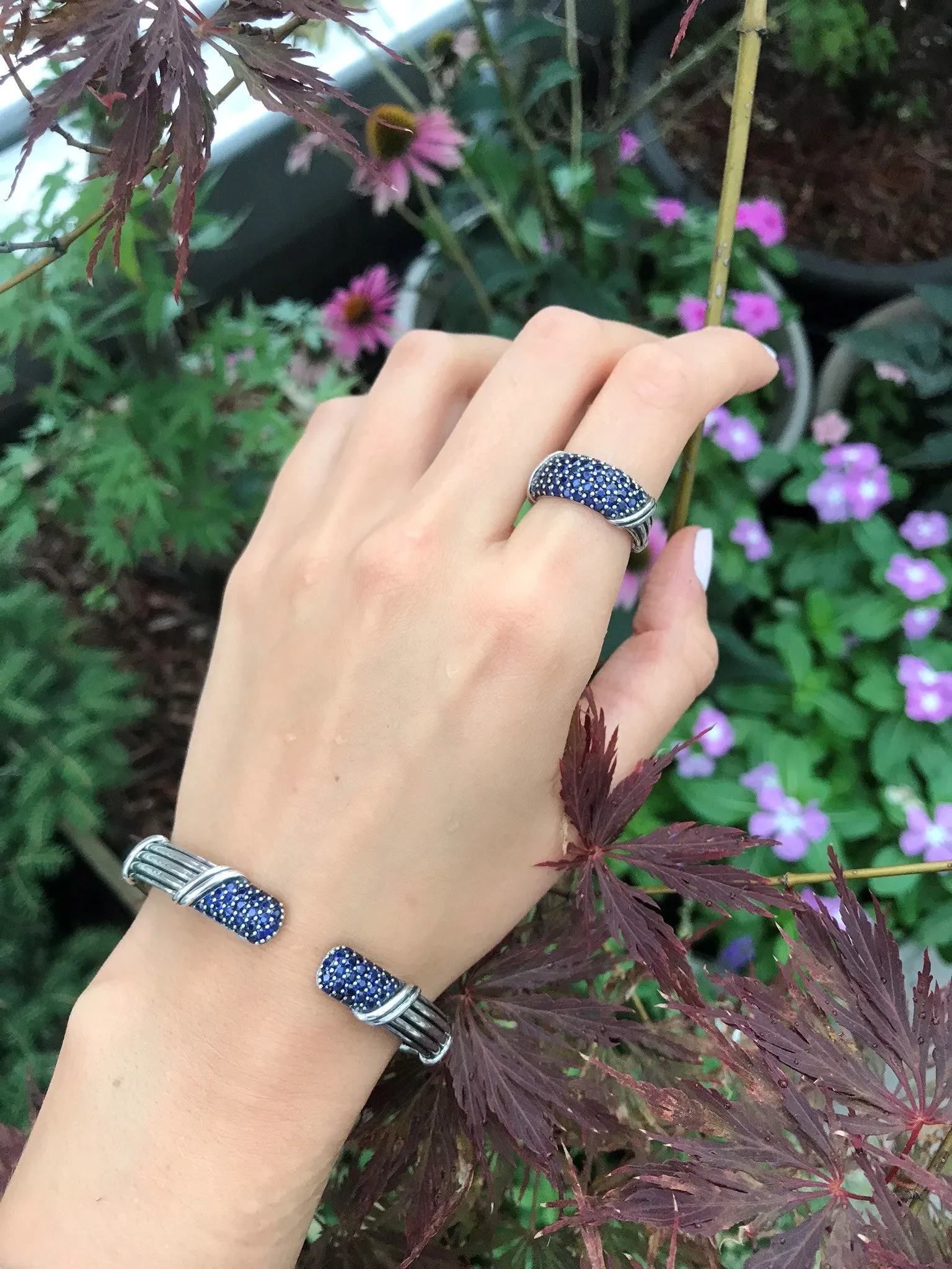 Signature Classic Pave Cuff with blue sapphires in sterling silver