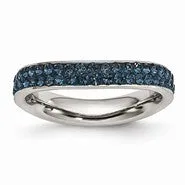 Stainless Steel 4mm Polished Blue Crystal Wavy Ring