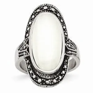 Stainless Steel Antiqued & White Cat's Eye Ring