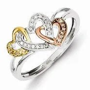 Sterling Silver & 14k Yellow/Rose Gold Diamonds Three Heart Ring