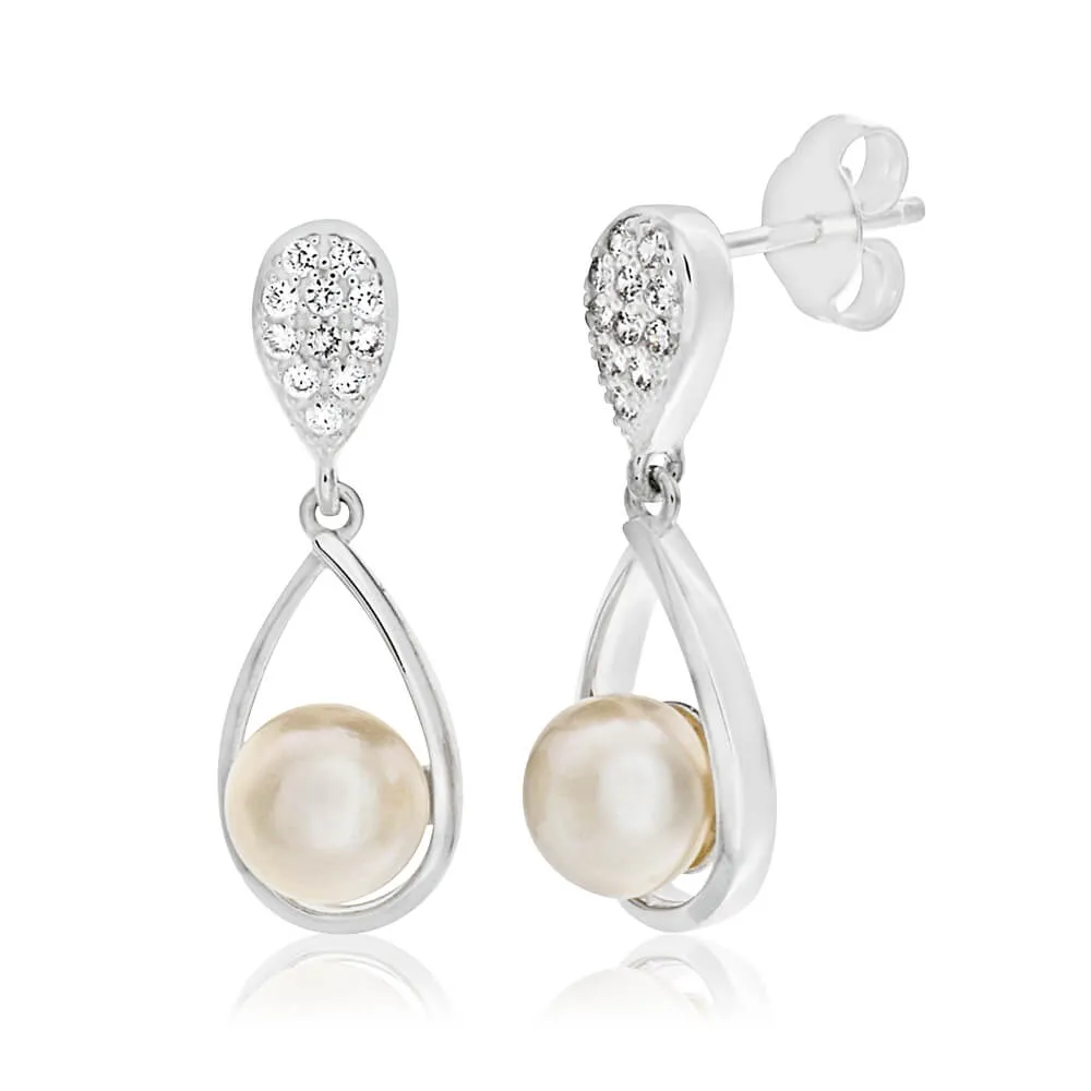 Sterling Silver Cubic Zirconia   Pearl Drop Earrings