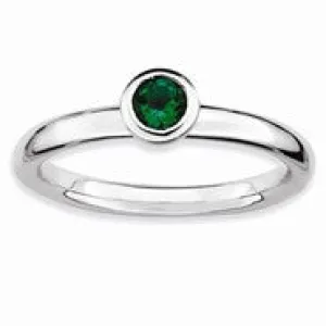 Sterling Silver Low 4mm Round Created Emerald Ring