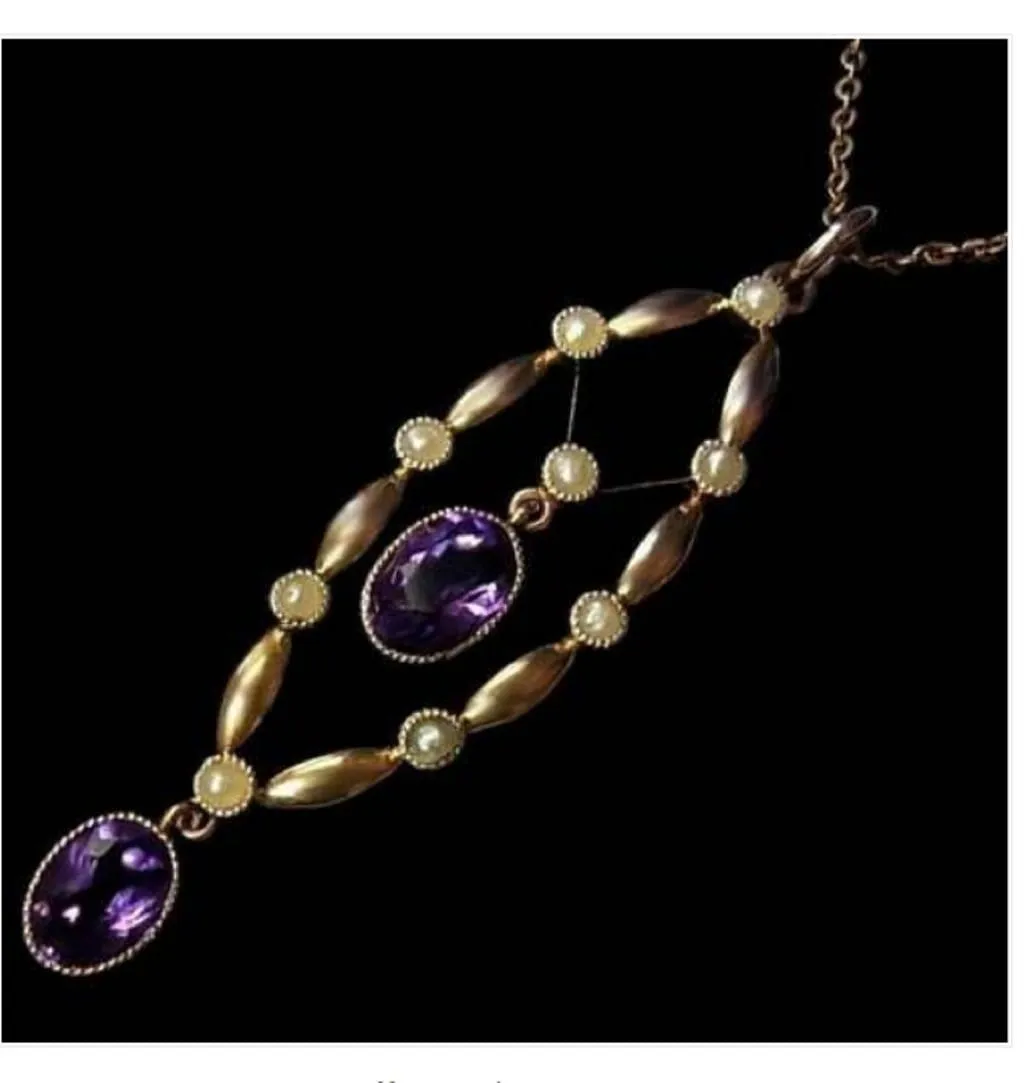 Stunning Antique Edwardian Hallmarked Gold Seed Pearl Amethyst Pendant With 44 cm Hallmarked Gold Necklace