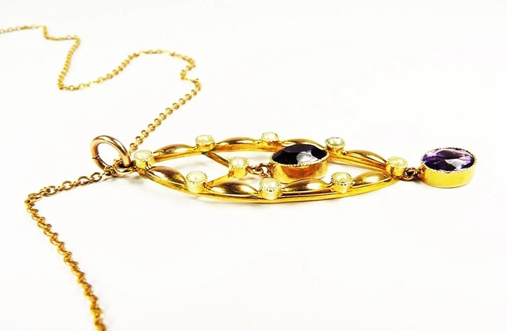 Stunning Antique Edwardian Hallmarked Gold Seed Pearl Amethyst Pendant With 44 cm Hallmarked Gold Necklace