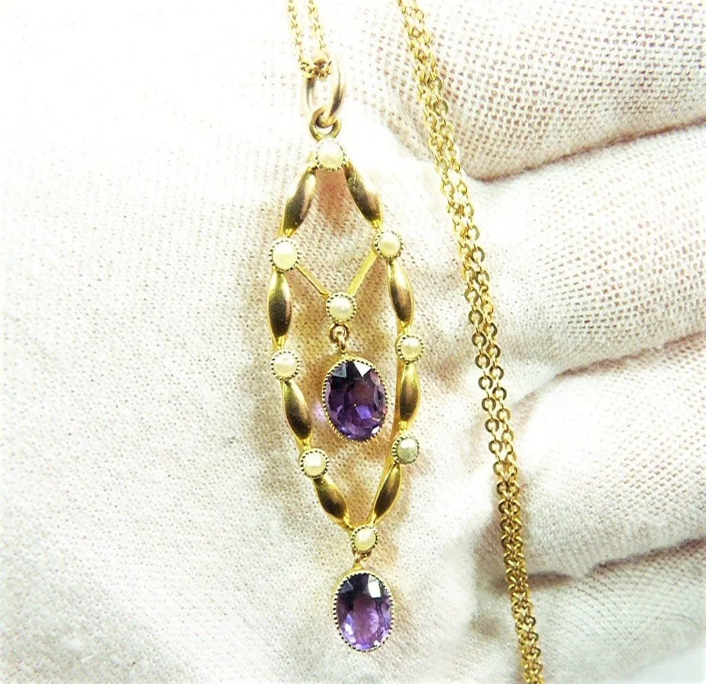 Stunning Antique Edwardian Hallmarked Gold Seed Pearl Amethyst Pendant With 44 cm Hallmarked Gold Necklace