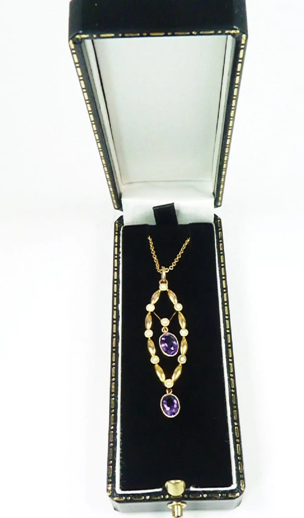 Stunning Antique Edwardian Hallmarked Gold Seed Pearl Amethyst Pendant With 44 cm Hallmarked Gold Necklace