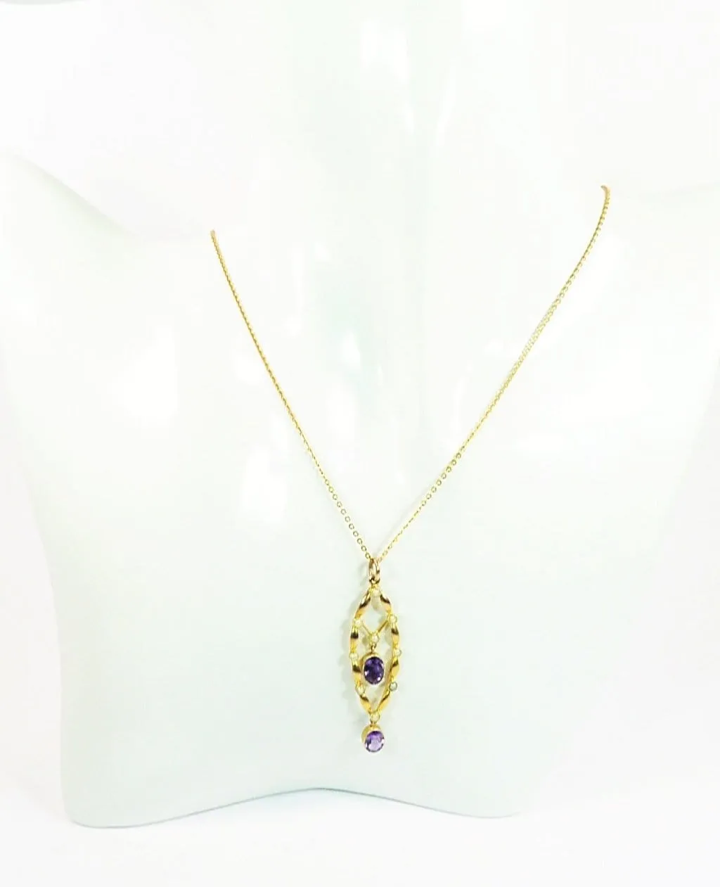 Stunning Antique Edwardian Hallmarked Gold Seed Pearl Amethyst Pendant With 44 cm Hallmarked Gold Necklace