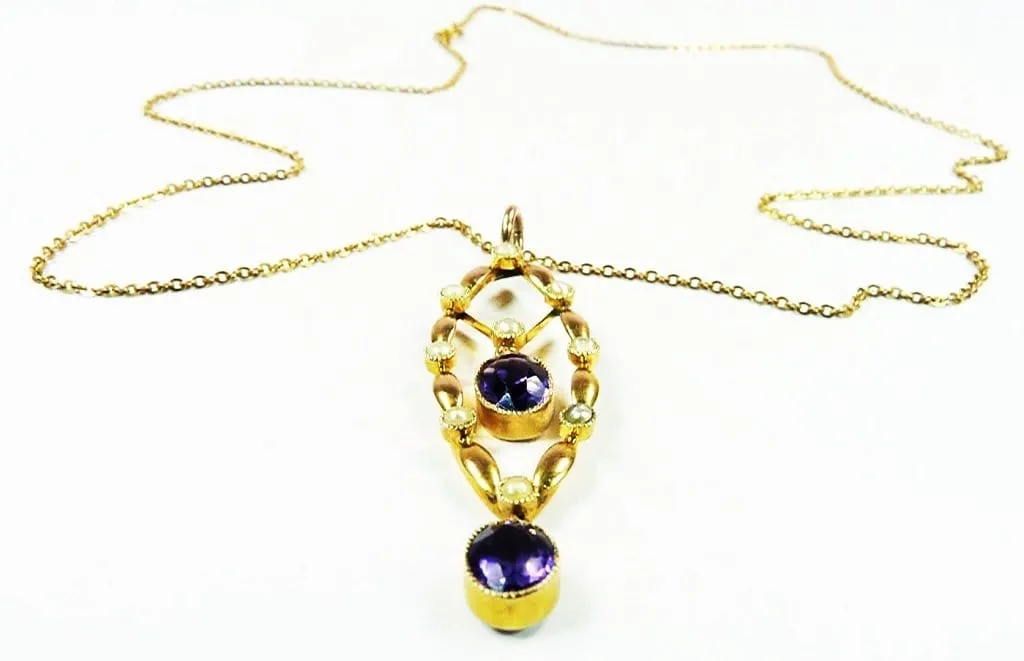 Stunning Antique Edwardian Hallmarked Gold Seed Pearl Amethyst Pendant With 44 cm Hallmarked Gold Necklace