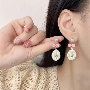 Sweet Bow Pink Tulip Earrings