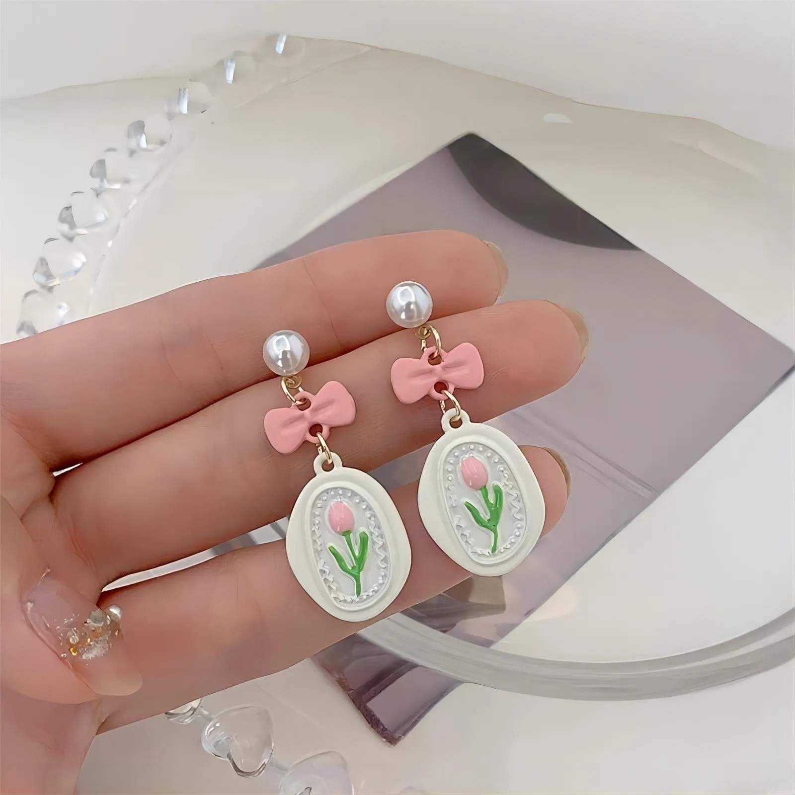 Sweet Bow Pink Tulip Earrings