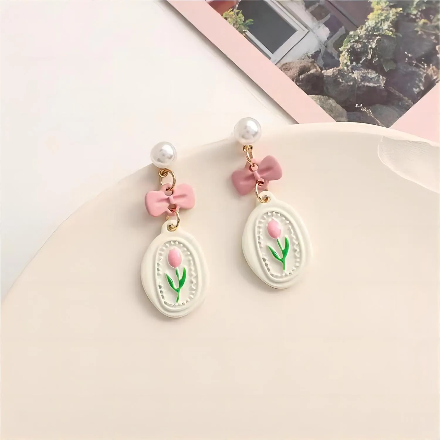 Sweet Bow Pink Tulip Earrings