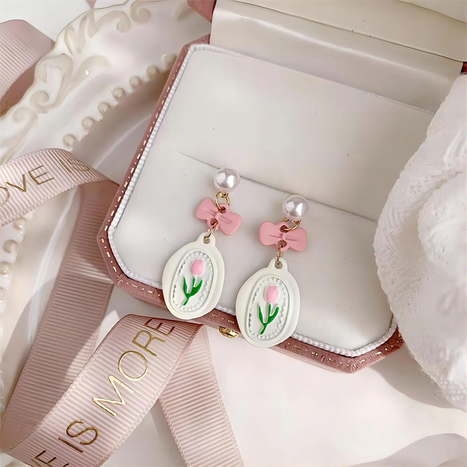 Sweet Bow Pink Tulip Earrings