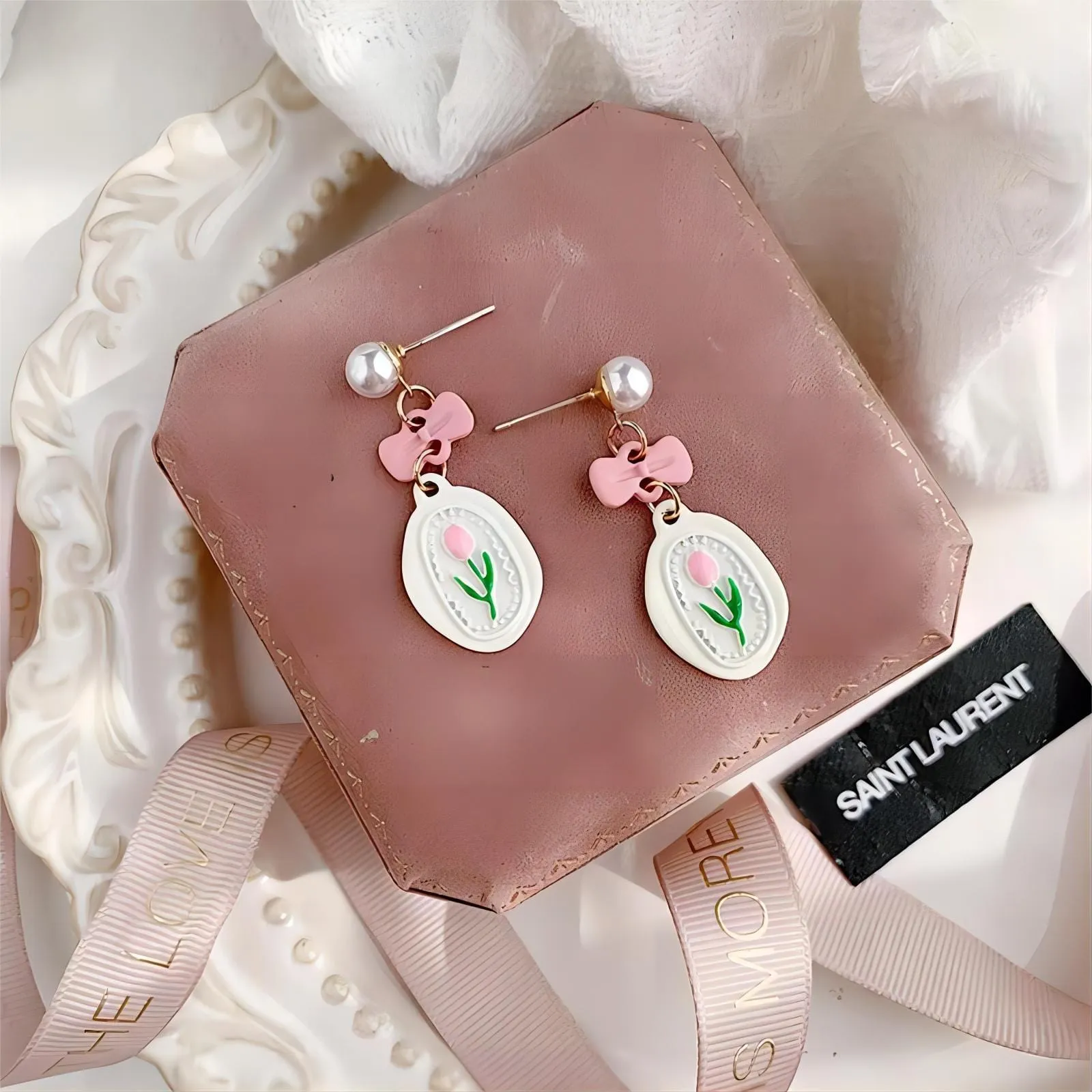 Sweet Bow Pink Tulip Earrings