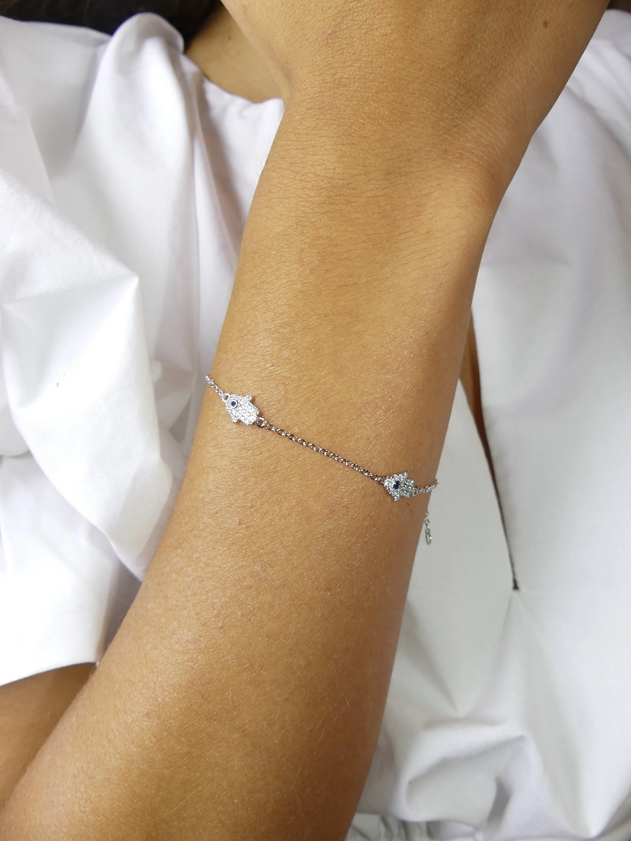 Three Hamsa Bracelet 925 Sterling Silver Dainty Cubic Zirconia Simulated Diamonds Women's Jewelry Evil Eye - KESLEY