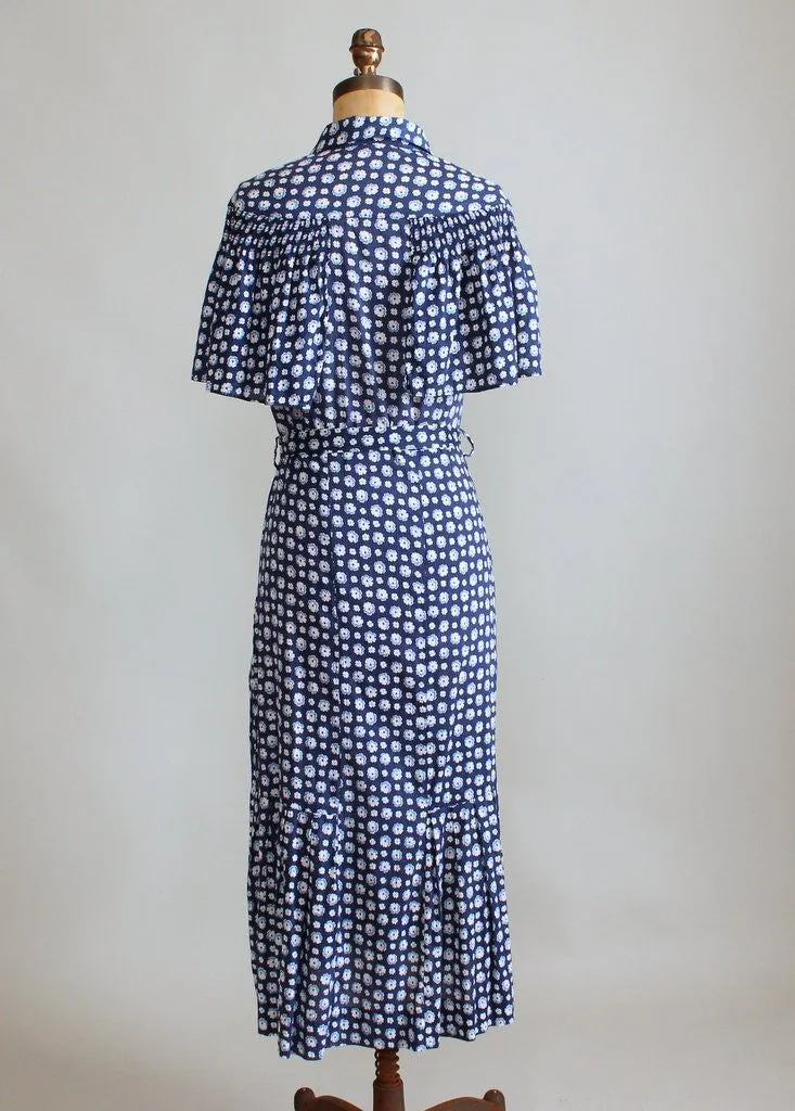 Vintage 1930s Blue Floral Cape Sleeve Day Dress