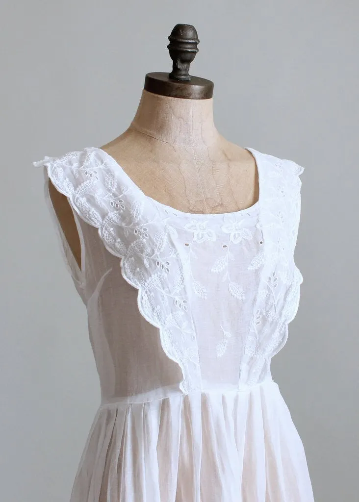 Vintage 1940s White Embroidered Organdy Pinafore Dress