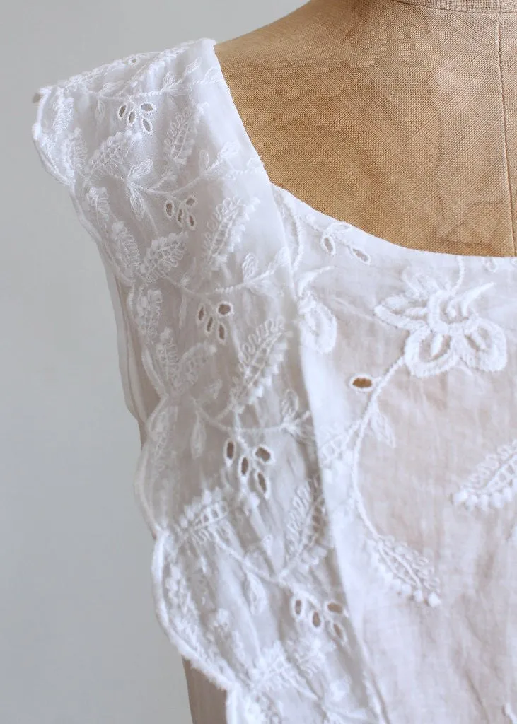 Vintage 1940s White Embroidered Organdy Pinafore Dress