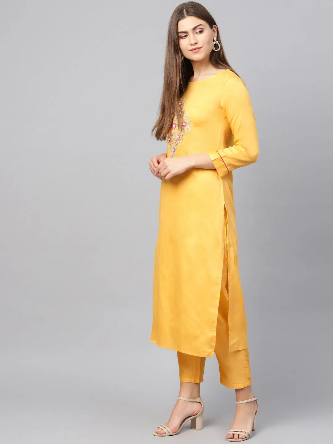 Women Mustard Yellow Straight Kurta Set